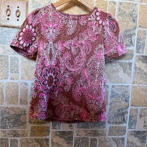 Anthropologie Pink and Brown Floral Paisley Short Sleeve Blouse